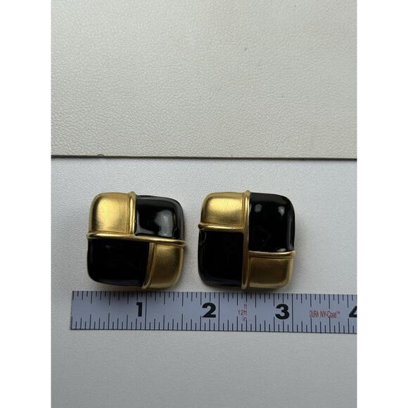 Givenchy Vintage Brushed Gold Tone & Black Squares Clip On Earrings - Picture 2 of 11